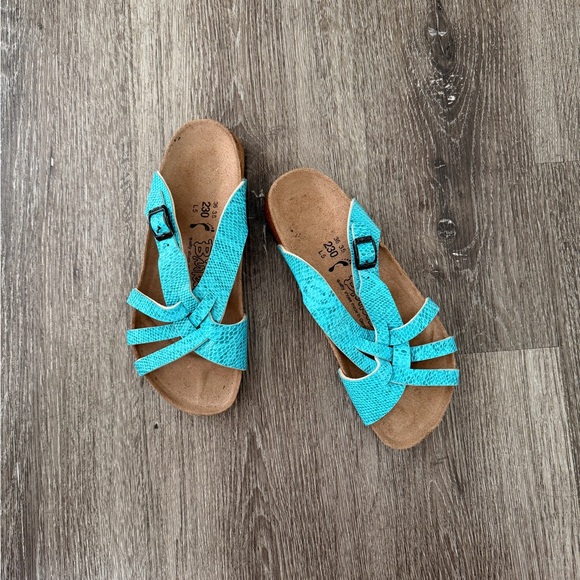 Birki’S Shoes - Birken-style Teal Textured Slip-On Sandals with Buckle